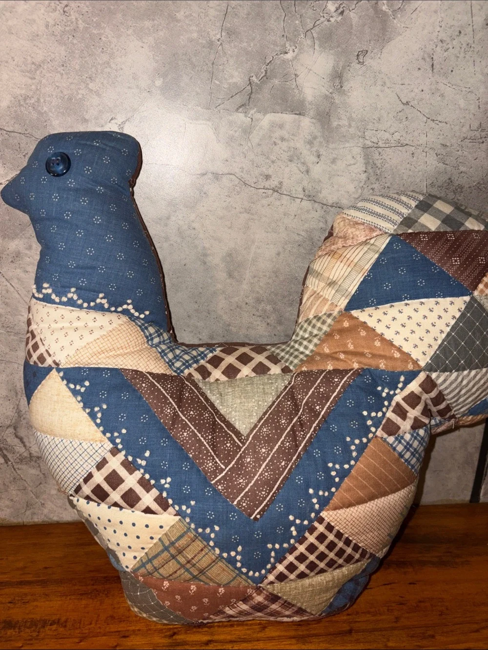 Vintage 90s Patchwork Quilted Chicken  Accent Pillow in Blue and Brown Handmade